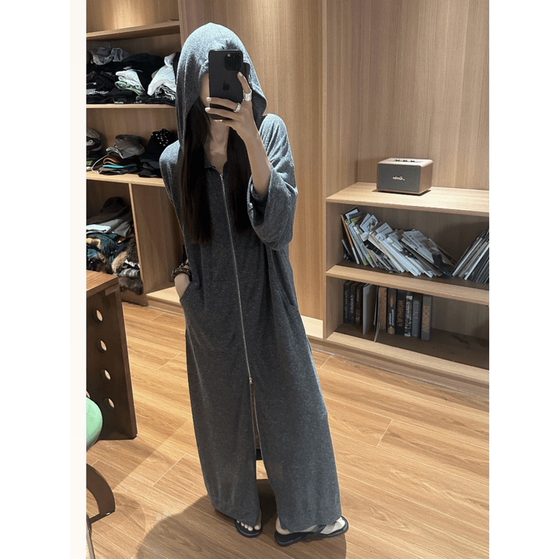 Korean-Style Design One-Piece Cardigan with Zipper and Hood, Women's 2026 Lazy Style Long Pants Integrated Loungewear