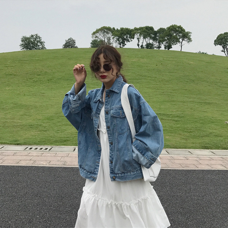 Spring loaded denim jacket female Korean version chic loose long sleeves washed up for old 100 hitch student short jacket blouses