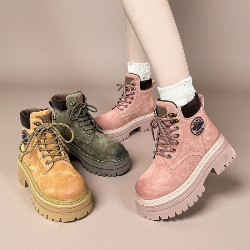 Genuine Leather Thick-Soled Martin Boots for Women, 2026 Autumn New Style, Outdoor Fashion, Height-Increasing, Slimming, Versatile Pink Boots Genuine Leather Thick-Soled Martin Boots for Women, 2026 Autumn New Style, Outdoor Fashion, Height-Increasing, Slimming, Versatile Pink Boots