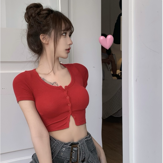 Purely Sensual, Sexy, Sweet and Spicy Style, Tight-Fitting Short-Sleeved T-Shirt for Women, Summer Wear, Slimming, High-Waisted, Midriff-Baring, Short Cardigan Top ins