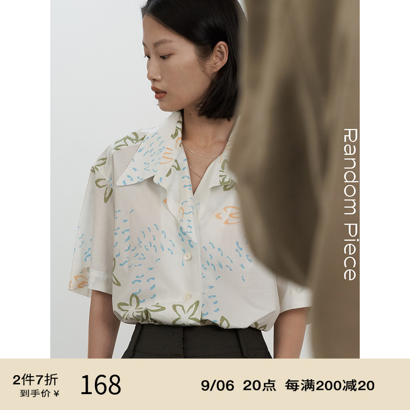 RandomPiece wide placket irregular button design Lazy casual silhouette printed short-sleeved shirt
