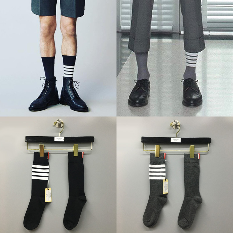 Tb Socks Four-Stripe Red, White, and Blue Knitted Three-Color Striped Breathable British Style Thick Mid-Calf Socks for Men and Women