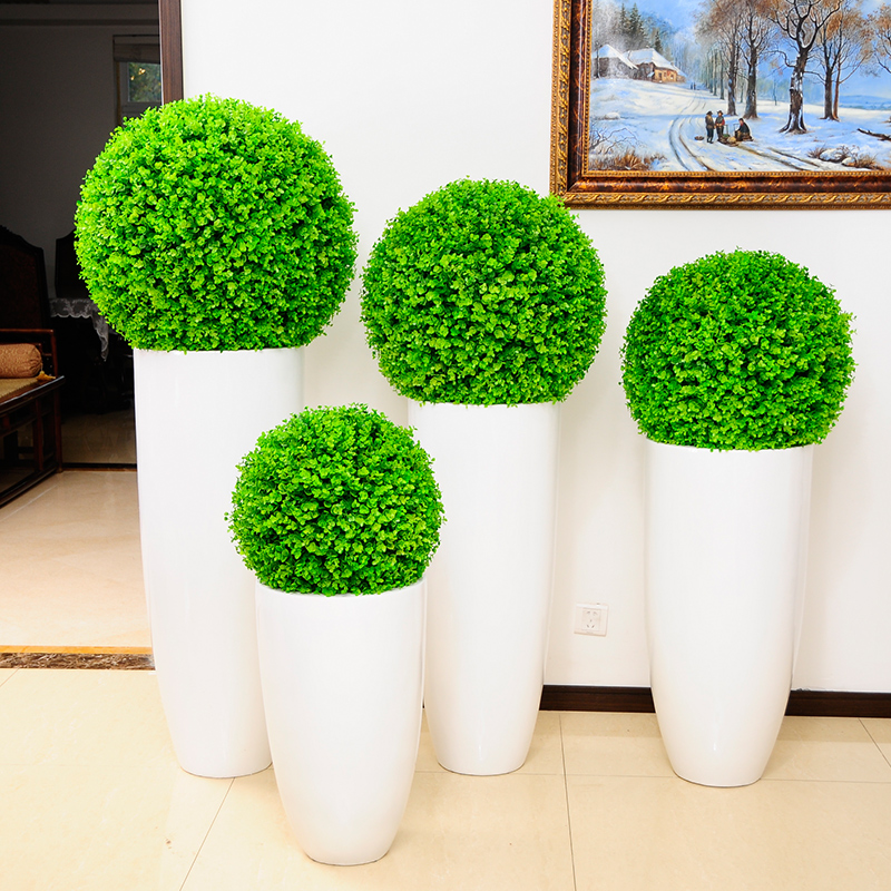 Simulation of green plants ball white fiberglass vase floor flower decoration living room lobby decorations placing flowers