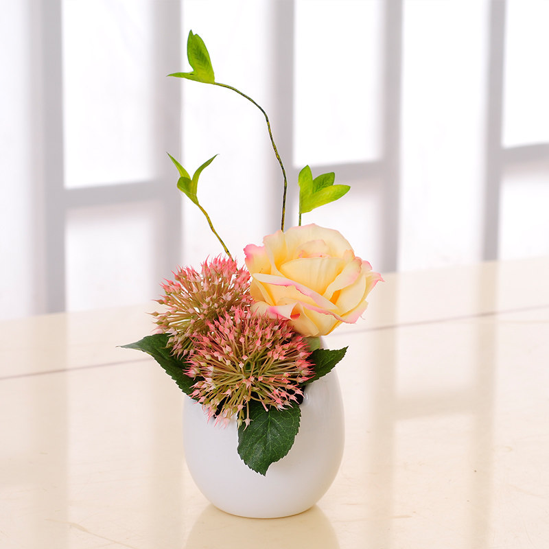 Simulation of rose silk flower art ceramic eggshell flower pot decoration living room table top flower powder room decoration flower