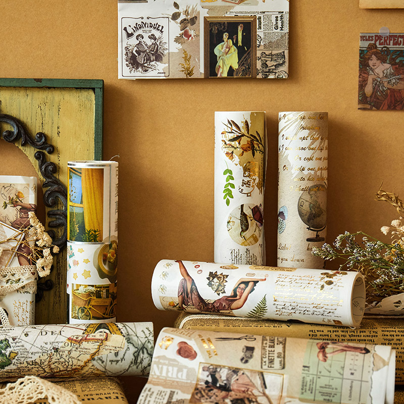 Retro art can write material paper scroll shaft bronzing gold silver process ripping digy hand account collage base material paper