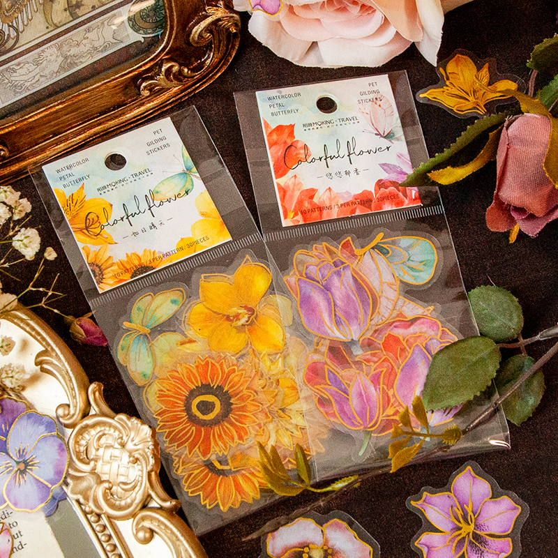 Literary retro PET hand account sticker girl heart cute bronzing flowers butterfly diy hand account decoration material package