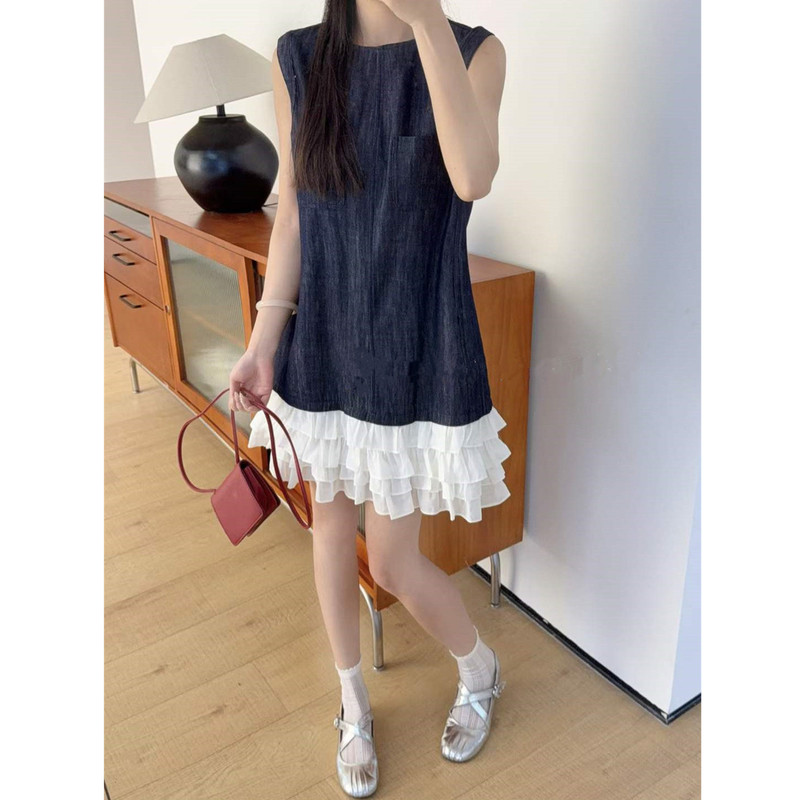 As Studio Korean-Style Design~Multi-Layered Lace Hem Patchwork Round Neck Denim-Colored Tank Top Dress