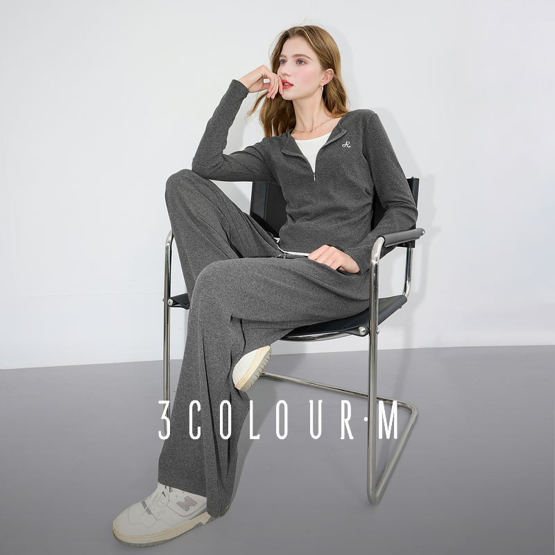 3色2025年春新作カジュアルグレーセーターセットスリムフィットフェイクツーピース刺繍プルオーバーワイドレッグパンツレディースM