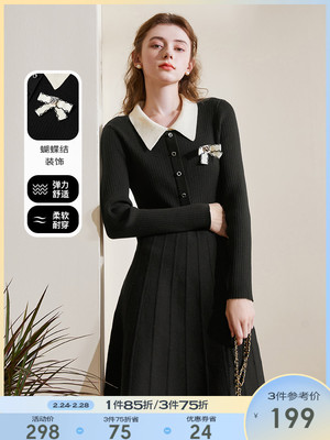 taobao agent Spring autumn fitted mini-skirt, black dress, polo collar, long sleeve