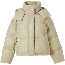 Sancai 2024 Winter New PU Leather Down Jacket Stand Collar Short White Duck Down Jacket Khaki Bread Jacket Women
