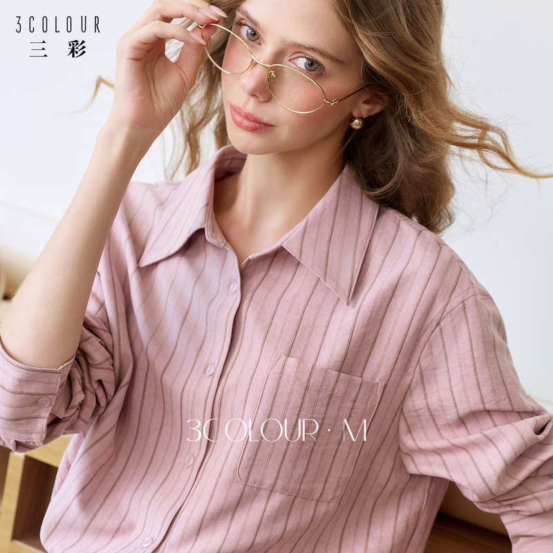 Sancai 2026 Autumn/Winter New Lapel Pink Striped Shirt High-End Brushed Shirt Layered Top for Women m