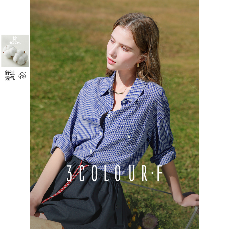 [100%コットンシャツ]Sancai Duxing 2025春新作ラペルミウシャツチェック柄カジュアル女性F