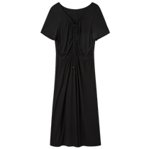 Three-color plus size womens clothing 2024 summer new style V-neck little black dress knitted dress short-sleeved waist slimming MM