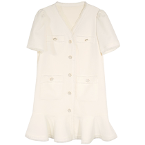 Sancai 2024 new summer style small fragrant dress V-neck raw edge fishtail skirt straight skirt short-sleeved solid color for women