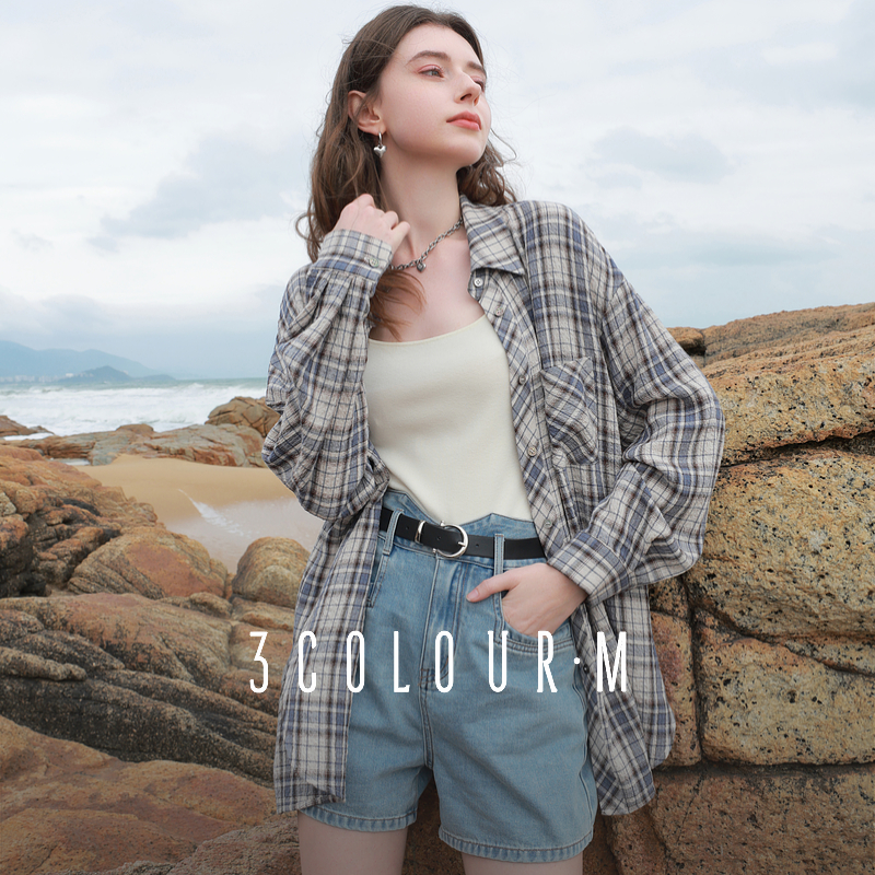 【お手入れ簡単シャツ】2025年夏新作チェック柄日焼け止めカジュアルゆったり軽やかなシャツレディースM