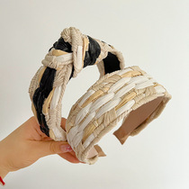 Autumn new braided knotted headband small fragrant style wide edge high skull twist color-blocked straw headband Korean style hair accessory