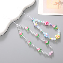 Han Prints Early Spring Pink Tulip Flowers String Beads Cell Phone Chain Teenage Girl Beads Chain Mobile Phone Shell Hangings Pendant Women