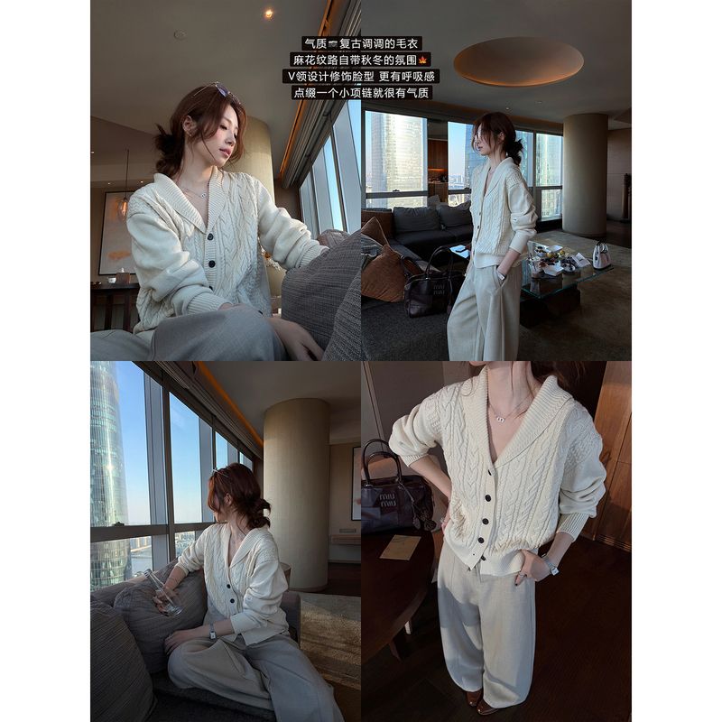 Even Yiwen [Cedar Afterglow] Korean-Style Retro Green Fruit Collar Cable Knit Sweater, Thick and Soft Knit Jacket