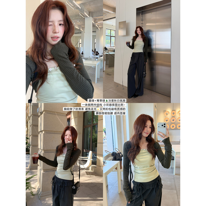 Even Yiwen [Korean Women's Style] Korean-Style Color-Blocking Faux Two-Piece Top, Slim-Fitting, Slimming, Sleeveless, Tube Top, Long Sleeves