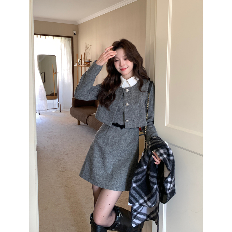 Even Yiwen【My Genius Girlfriend】Korean-Style High-Fashion Autumn and Winter Thickened Wool-Blend Faux Three-Piece Dress