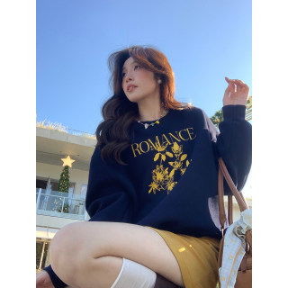 Even一雯【落日橙花】韩系高智复古日常通勤圆领藏青加绒套头卫衣