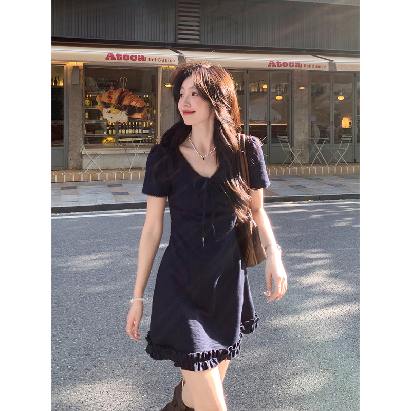 Even Yiwen [London Summer Time] Korean-Style V-Neck Slimming Short-Sleeve Dress for Women, Summer Waist-Cinching Lace Dress