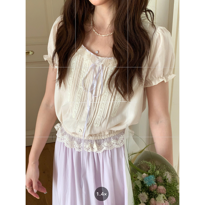 Even Yiwen【Xianben Garden】Korean-Style High-Intelligence Gentle Tencel Top with a Sweet Lace Waist-Cinching Shirt for Summer Even Yiwen【Xianben Garden】Korean-Style High-Intelligence Gentle Tencel Top with a Sweet Lace Waist-Cinching Shirt for Summer