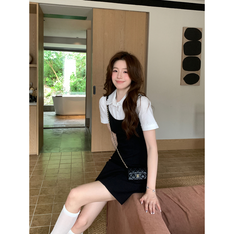Even Yiwen【Library White Moonlight】Korean-Style High-Intelligence Faux Two-Piece Dress, Preppy Short-Sleeve Shirt Dress Even Yiwen【Library White Moonlight】Korean-Style High-Intelligence Faux Two-Piece Dress, Preppy Short-Sleeve Shirt Dress