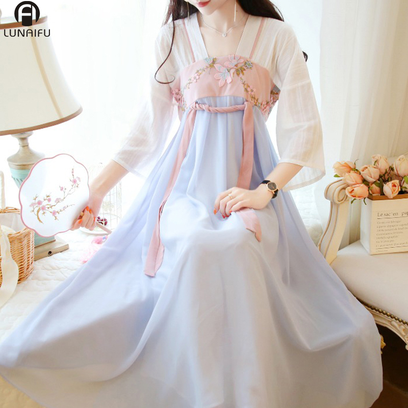Summer Modern Improved and Elegant Hanfu-Style Dress for Adult Women, Suitable for Junior High School Students to Wear Daily, with Han Elements, Suitable for Commuting, in Platycodon (Butterfly Pea Flower) Color