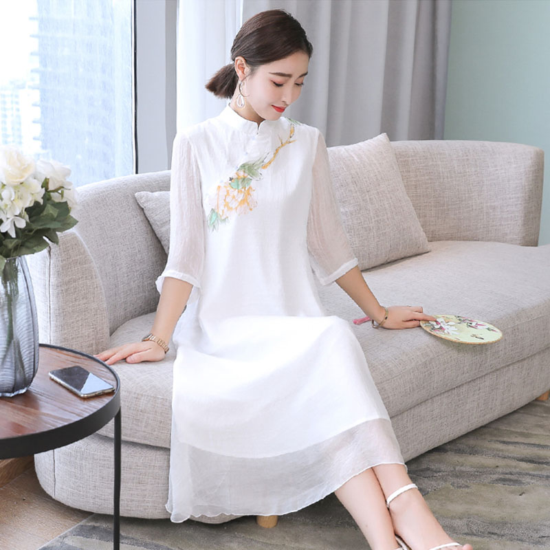 2020 mùa hè mới được cải tiến phiên bản của The ODea Cheongsam Việt Nam Authentic Gió Trung Quốc Nguyên Đán Trung Quốc dài Trà ăn mặc nữ