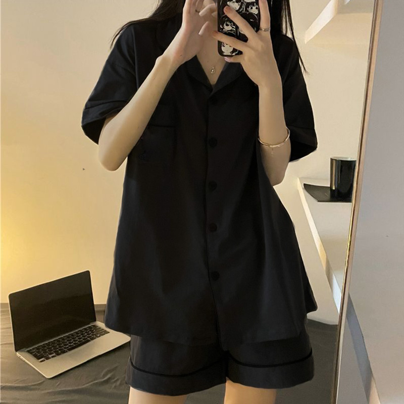 High-End Solid Color Pajamas for Women, Short-Sleeved, Summer 2026 New Korean Style, Black, Thin and Stylish, Suitable for Wearing Outside, Loungewear