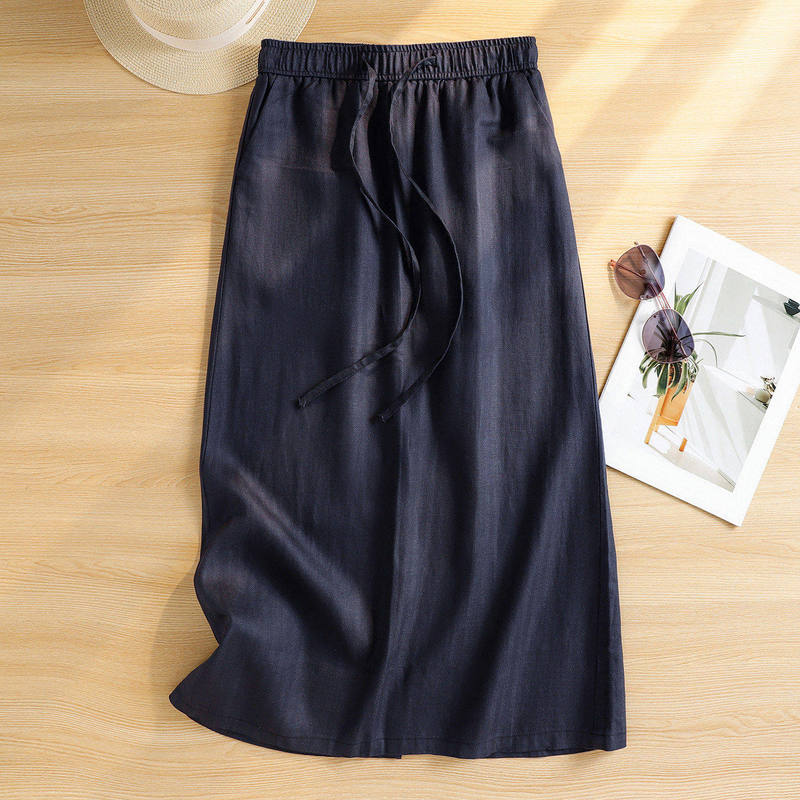 Tencel Linen Skirt for Women, Summer Thin Style, Slimming and Elegant, Mid-Length Cotton-Linen A-Line Skirt with Back Slit, Straight Skirt