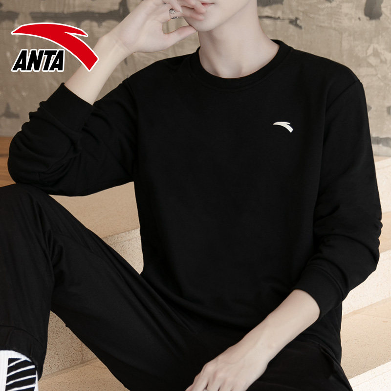 Anta sweater men's long-sleeved official website jacket 2021 spring new casual round neck T-shirt black sportswear top