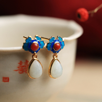 Small Silver Artisan Pure Silver Ancient Fagin Gold Natural Emerald Peony Enamel China Wind Retro Drop Earrings Woman Earrings Earrings