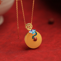 Small silversmith Forbidden City natural honey wax pure silver plated 18k gold Ping An buckle pendant female Chinese wind enamel Xiang Luang necklace