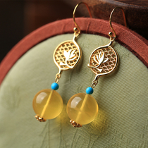 Small Silver Artisan Pure Silver Lotus Gold Plated Natural Honey Wax Amber China Wind Earrings Woman Advanced Sensation Jade Earrings Pendant