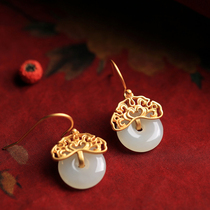 Small silver artisan pure silver ancient method gold inlaid and field jade green buckle Chinese wind retro court Temperament Earrings Earrings Earrings Earrings