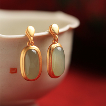 Small silver artisan pure silver ancient method gold inlaid and field jade drop earrings female superior air quality light and luxurious ear decorated earrings