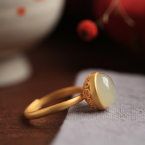 Small silver cobbler pure silver ancient method gold pinch inlaid and field jade Chinese wind retro opening ring female small crowdsourced design light extravagant