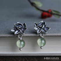 Small Crowddesign 925 Pure Silver Earrings Woman Natural Green Hair Crystal Lotus Fashion Temperament Retro Ear Nail Pendant Ornament