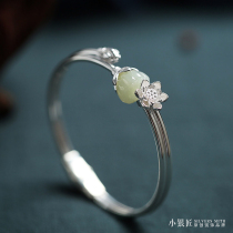 925 sterling silver inlaid natural Hetian jade bracelet female hand carved lotus retro temperament open bracelet bracelet jewelry
