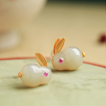 Pure silver and field jade bunny rabbit earrings female summer Palace jade rabbit earrings earrings for seven New Years Valentines Day gift to girlfriend