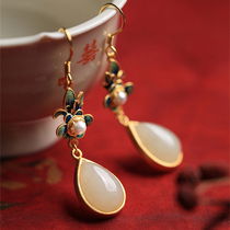 Small silver cobbler pure silver ancient method gold inlaid and field jade earrings female enamel flower Chinese feng shui drop of earthen ear pendant