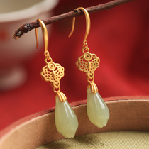 Small silversmith and Tian Yuu pure silver ancient Fagin gold earrings female Chinese wind jade orchid long style Temperament Ancient Wind Ear Pendant