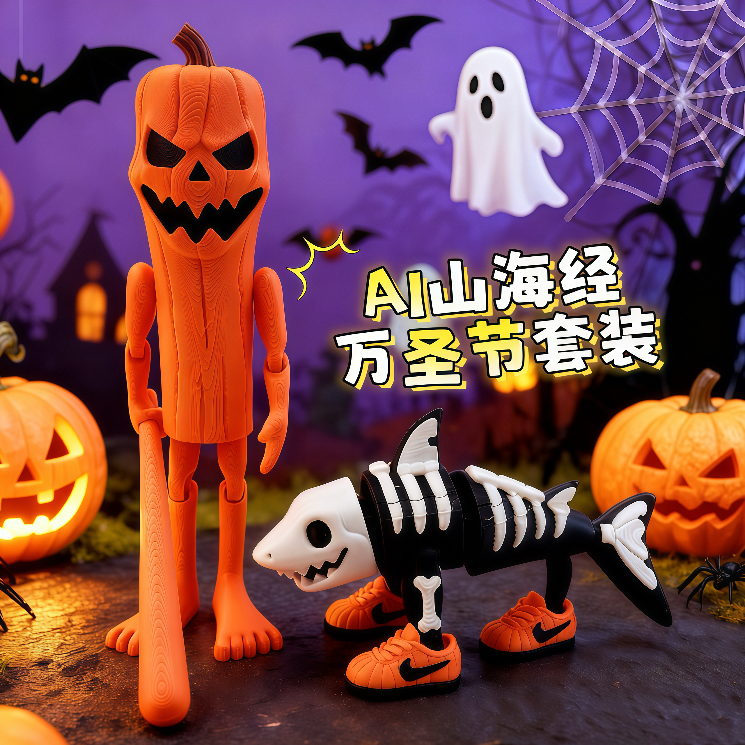 山海经万圣节限定手办，南瓜木棍人与骷髅鲨鱼等你来收藏_手办_淘宝游戏网, image size:2560x2560