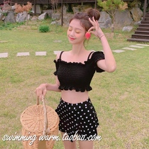 SWIMMING WARM Korean style one-shoulder pleated SEXY STUDENT POLKA DOT SPLIT FLAT angle HOT SPRING SWIMSUIT FEMALE