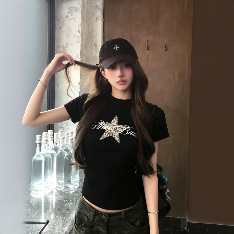 Wassup Sun American Style Spicy Girl Leopard Print Star Black Short-Sleeve T-Shirt for Women, Summer Slim Fit Design Top