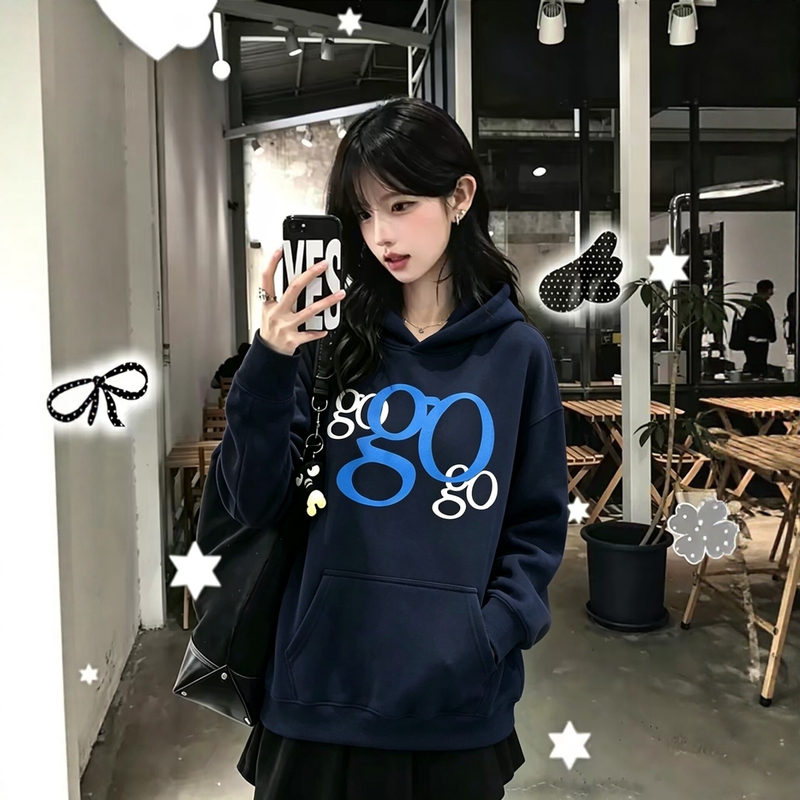Wassup Sun American Retro Gogogo Letter Sweatshirt Women's Loose Hooded Couple's Hoodie Navy Blue Top Wassup Sun American Retro Gogogo Letter Sweatshirt Women's Loose Hooded Couple's Hoodie Navy Blue Top
