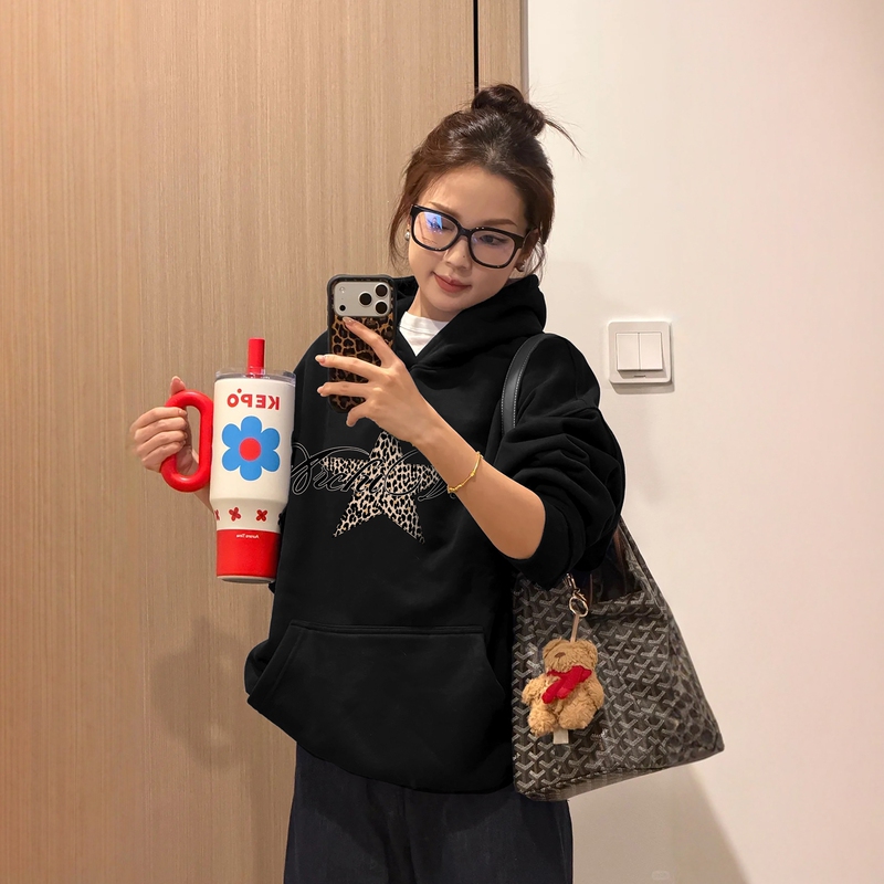 Wassup Sun American Style Trendy Brand Leopard Print Star Print Hooded Sweatshirt for Women Loose Fit Couple Style Regular Shoulder Jacket