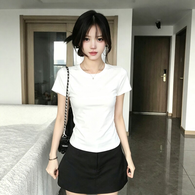 Wassup Sun American Style Spicy Girl Solid White Short-Sleeve T-Shirt for Women, Slim Fit, Pure Cotton, Short Base Shirt